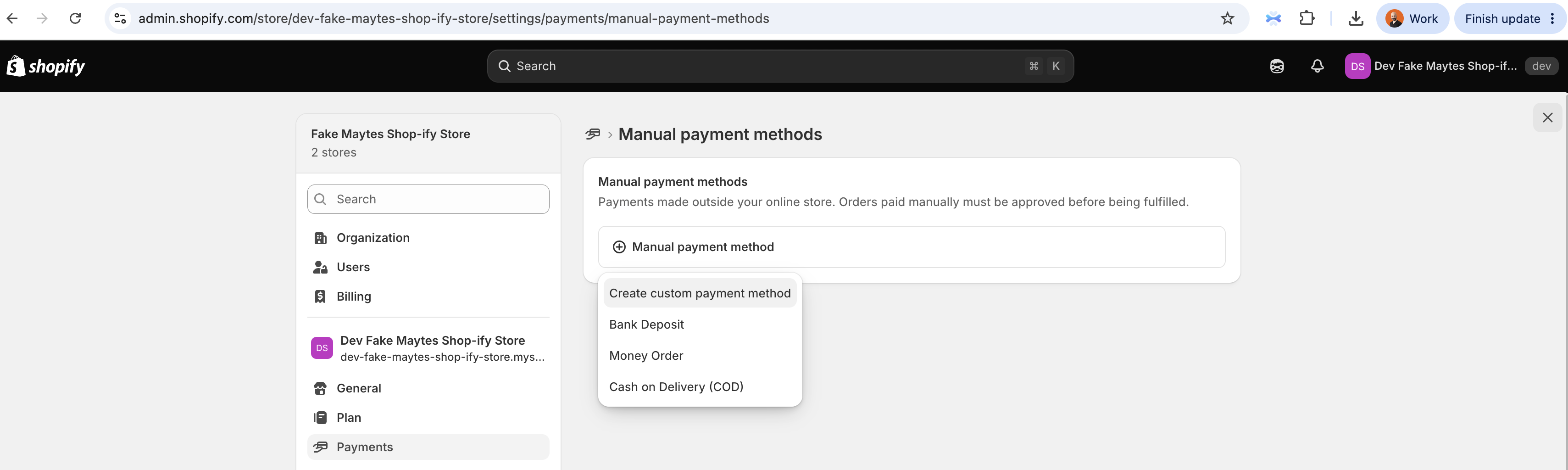 Creating a custom payment method in Shopify Payments settings