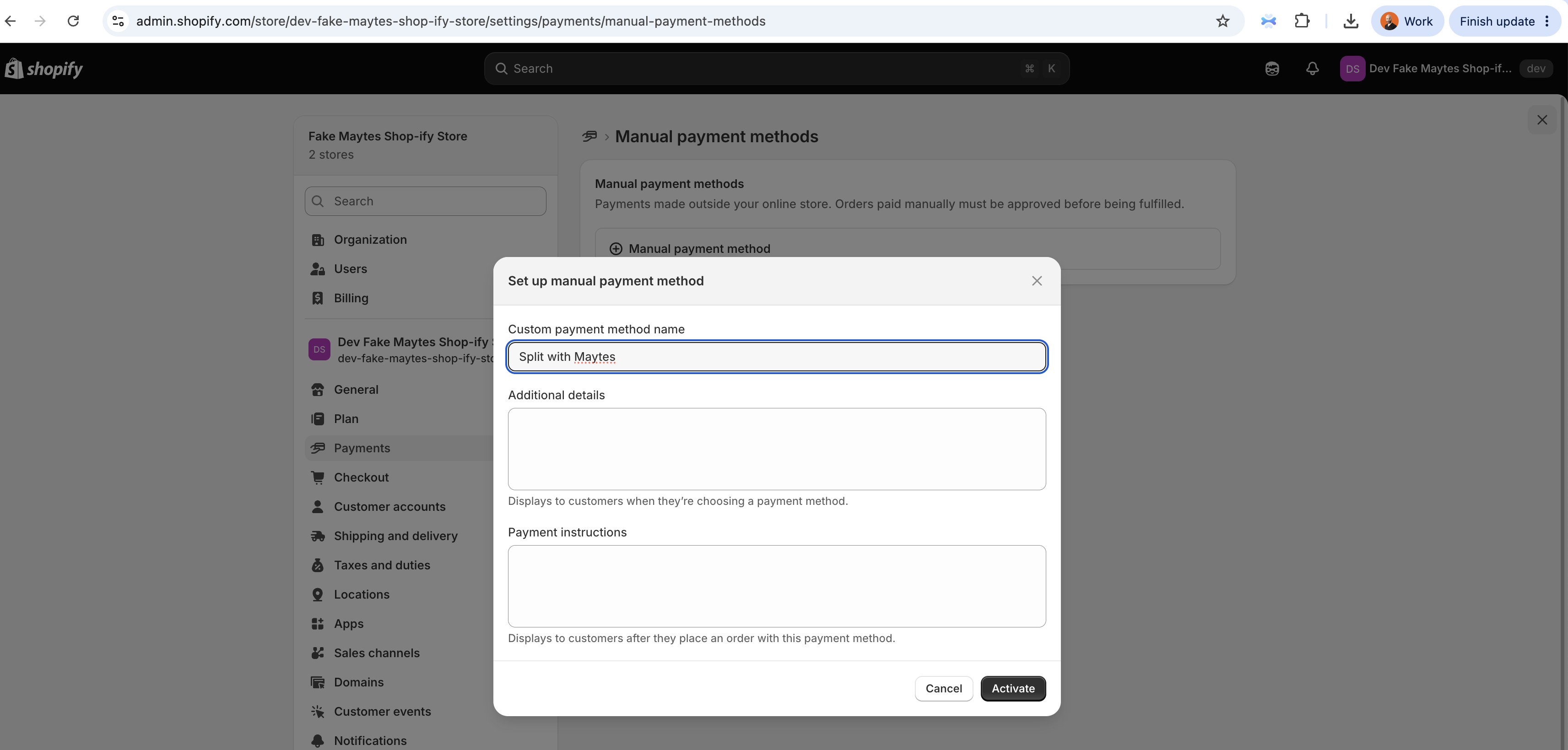 Naming the custom payment method Split with Maytes