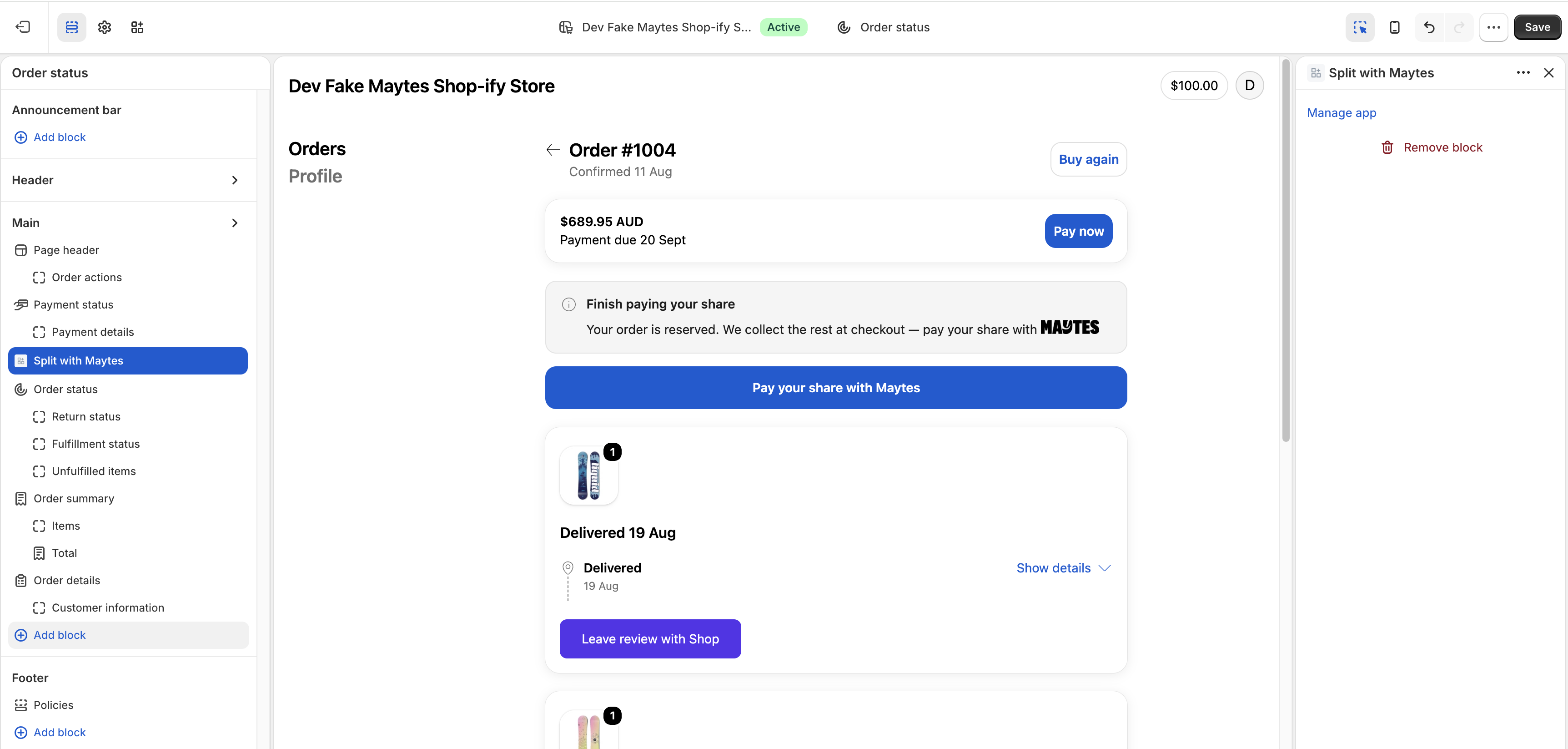 Adding the Split with Maytes block to the Order status page