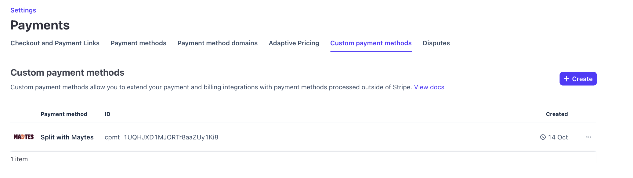 Split with Maytes listed under Custom payment methods, with its cpmt_ ID